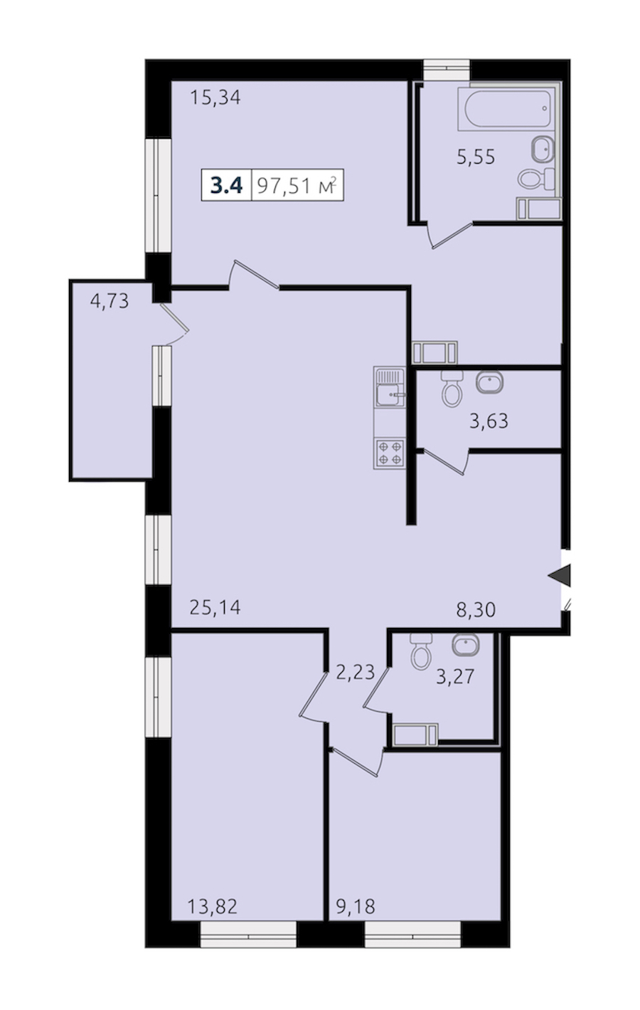 3-комнатная квартира 92.93 м², 8/12 эт., ЖК «Чёрная речка»